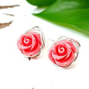 Rose Beaded Stud Earrings - Silver Pink Rose - Dainty Romantic Floral